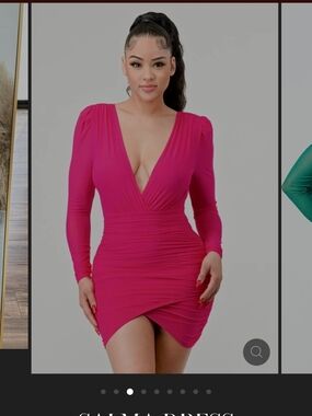 Plunge Neck Long Sleeve Ruched Mini Dress in Hot Pink